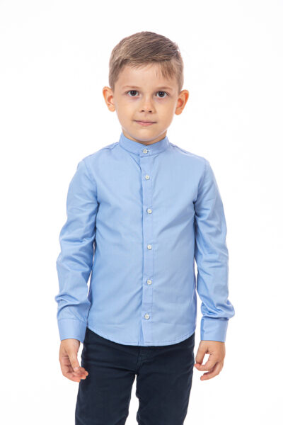 Cămașă tunică bleu bumbac pentru școală pentru copii, elevi, scoală primară, gimnaziu, uniformă. Închidere cu nasturi, mânecă lungă, guler tunica, croi clasic. Fabricat în Romania.