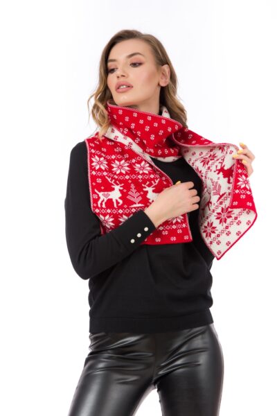 Fular damă roșu tricotat de Crăciun, cu fulgi albi de nea si reni. Desen jacard, fir ușor, moale și plăcut la atingere. Fulgar de iarnă fabricat în România.
