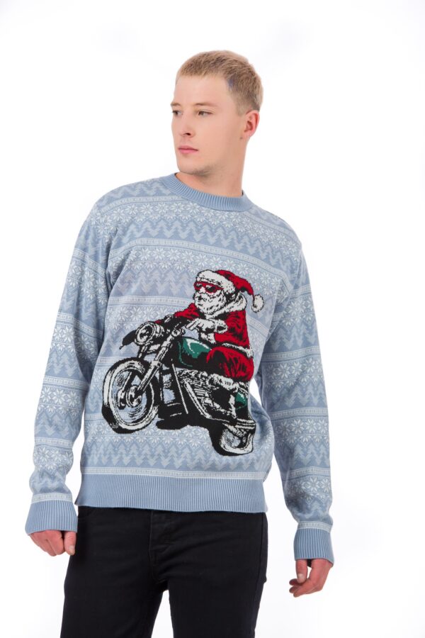 Pulover barbatesc de Crăciun cu imprimeu amuzant cu Moș Crăciun pe motocicletă. Guler rotund. Mânecă lungă. Cadou de Sărbători pentru familie, prieteni. Pulover de iarnă barbați, cadou de sărbătorile de iarnă, cadou amuzant de Crăciun