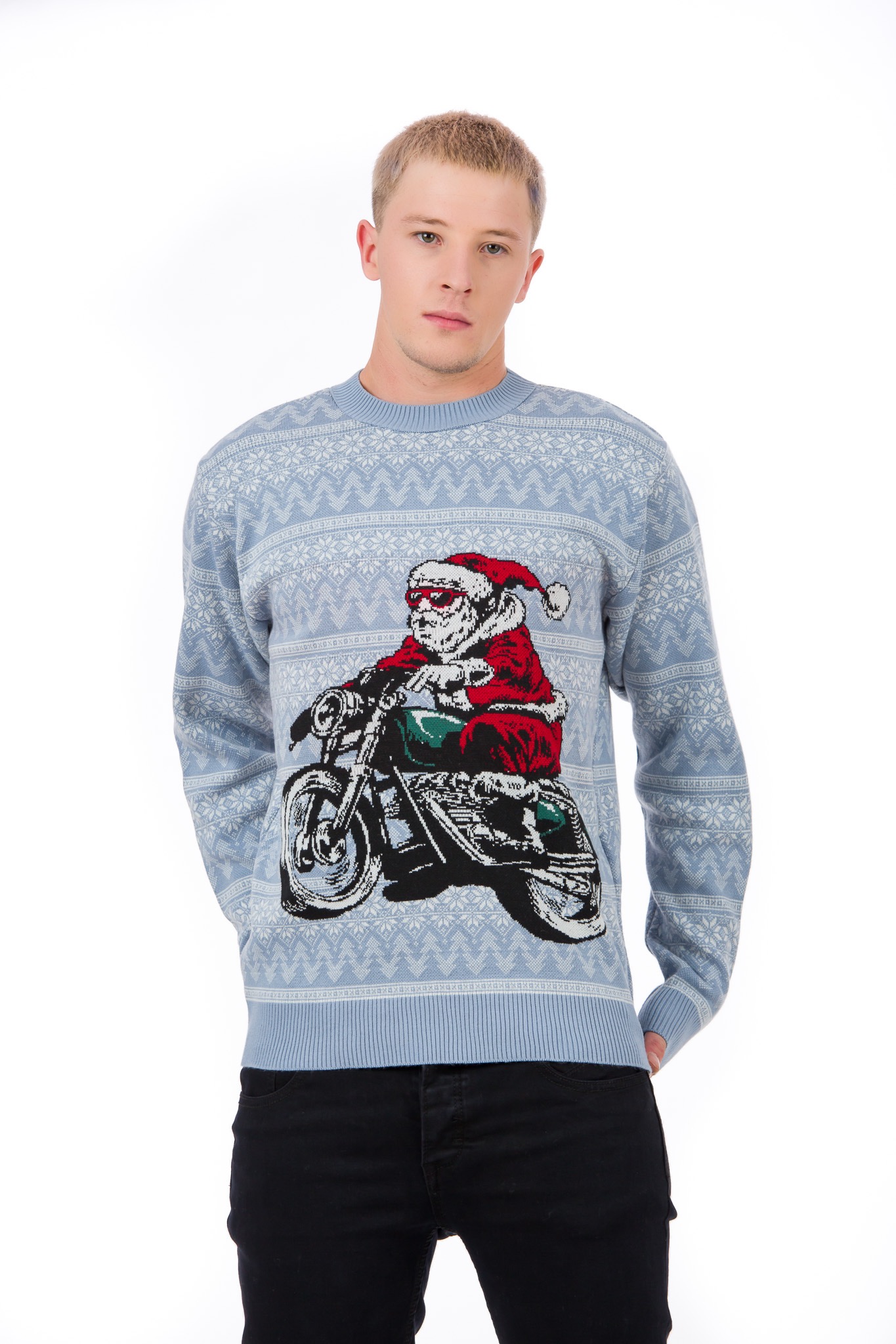 Pulover barbatesc de Crăciun cu imprimeu amuzant cu Moș Crăciun pe motocicletă. Guler rotund. Mânecă lungă. Cadou de Sărbători pentru familie, prieteni. Pulover de iarnă barbați, cadou de sărbătorile de iarnă, cadou amuzant de Crăciun