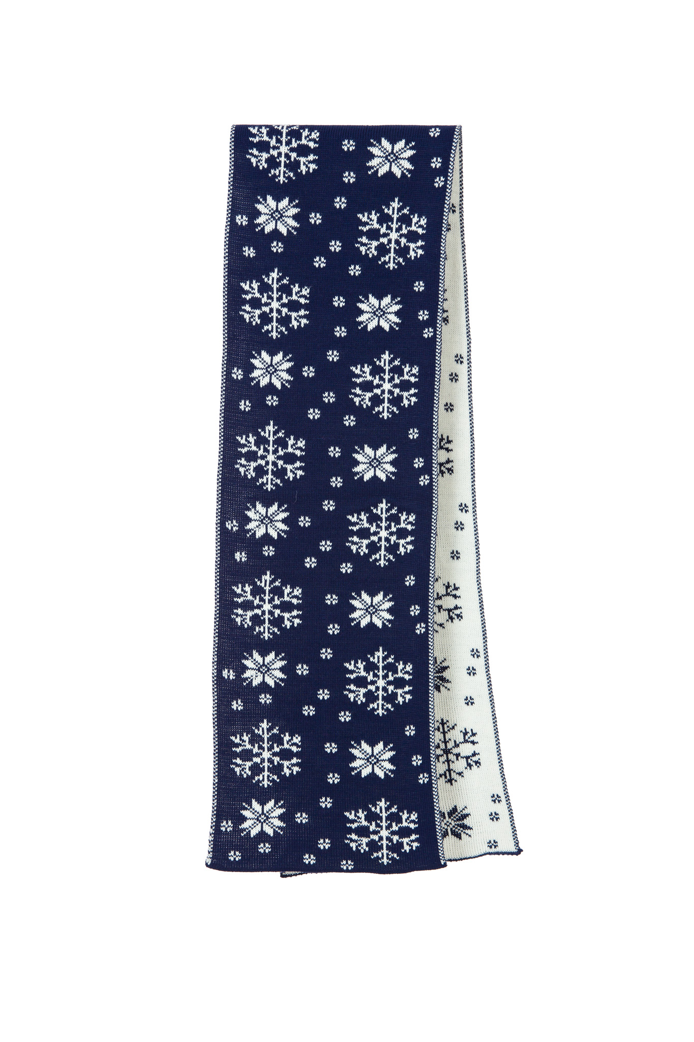 Fular bărbătesc albastru tricotat de Crăciun, cu fulgi albi de nea și reni. Desen jacard, fir moale, plăcut la atingere. Fulgar iarnă fabricat în România.