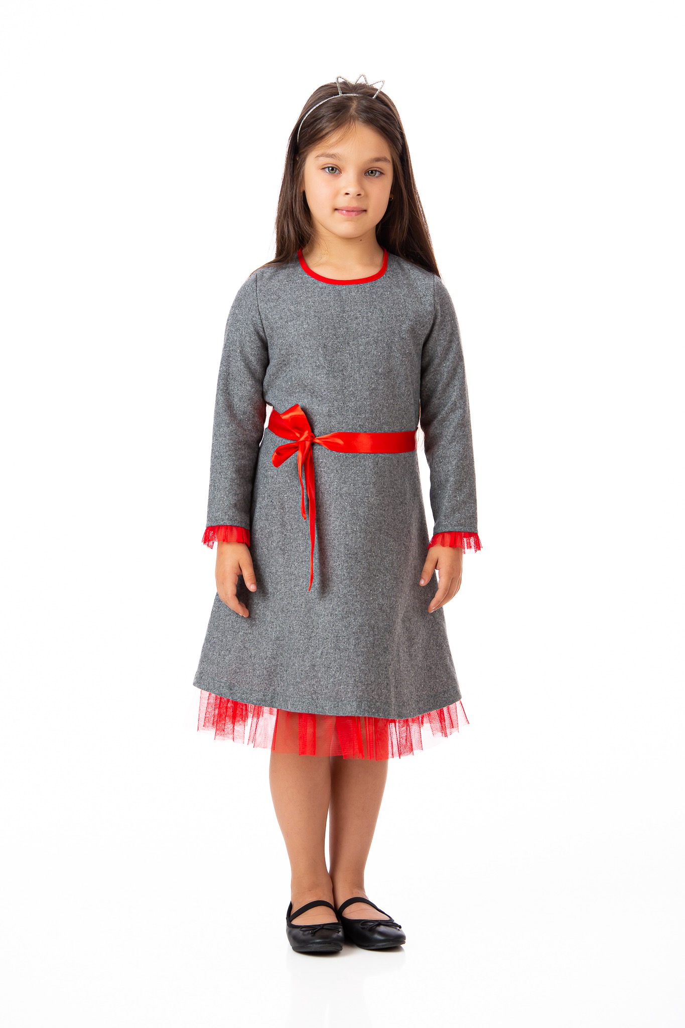 Rochie stofă toamnă/iarnă cu tul roșu la mâneci și