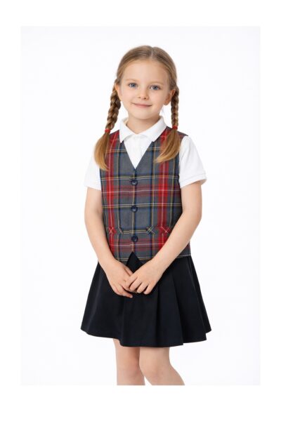 Copil purtând vestă Be You în carouri gri pentru uniformă școlară, fabricată în România
