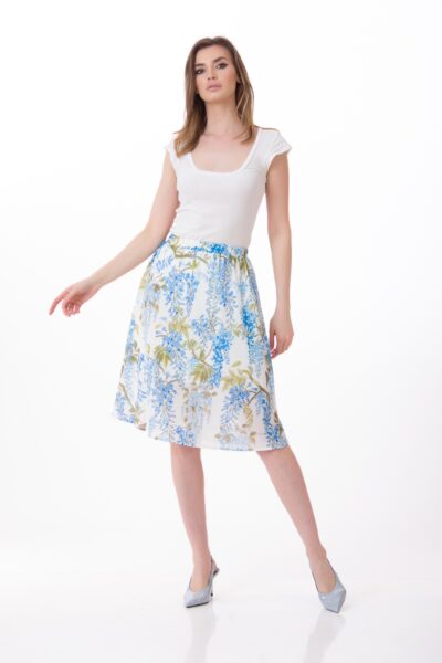 Fustă damă imprimeu floral Be You midi cu talie elastică și buzunare – fabricată în România