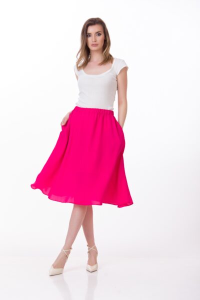 Fustă damă fucsia midi cu buzunare și talie elastică Be You, fabricată în România, ținută completă