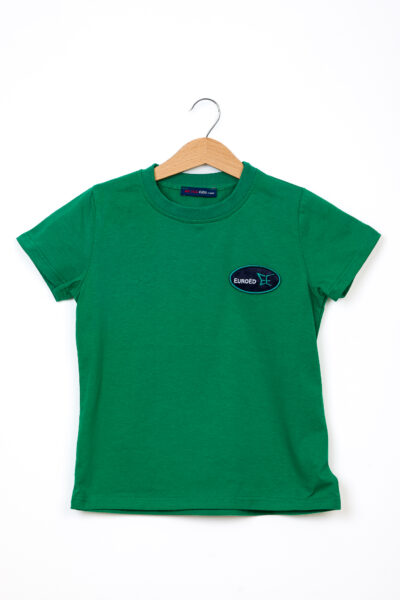 Tricou verde unisex din bumbac cu blazonul Școlii EuroEd, uniformă originală Be You pentru ciclul primar, fabricat în România