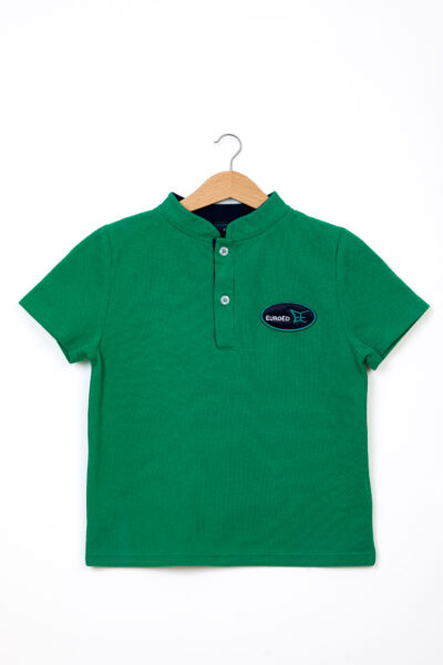 Tricou polo verde unisex cu mânecă scurtă și blazonul Școlii EuroEd, uniformă originală Be You, fabricat în România