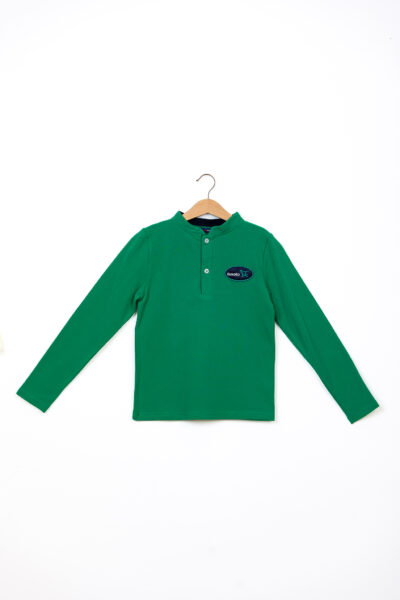Tricou polo verde unisex cu guler tunică și blazonul Școlii EuroEd, uniformă originală Be You, fabricat în România