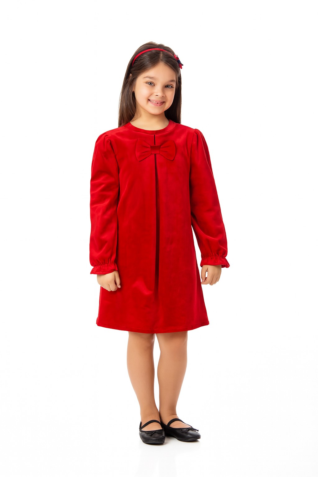 Rochie fetiță roșie din catifea, elegantă cu fundiță – Fabricată în România