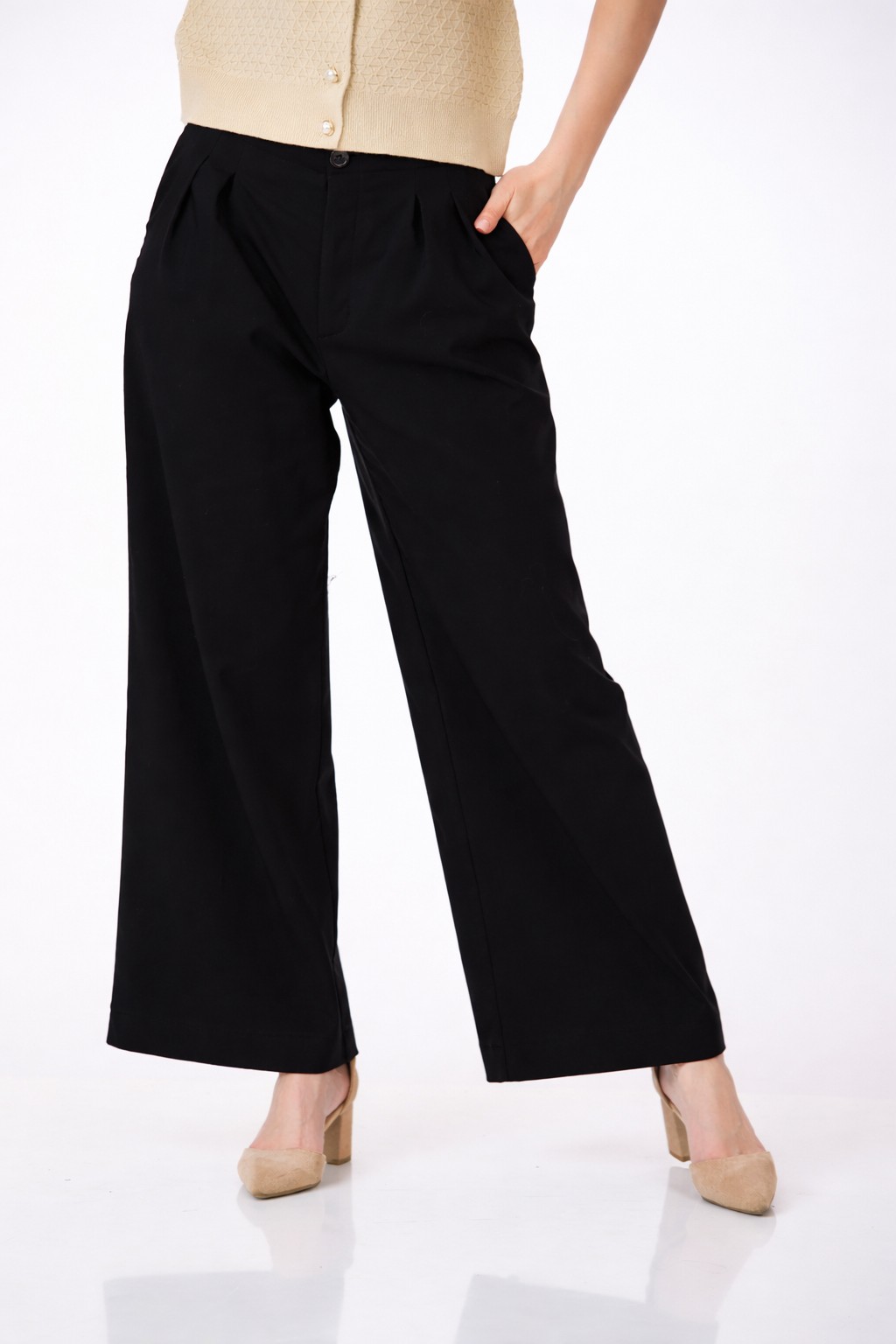 Pantaloni BeYou negri damă cu talie înaltă și croială largă – vedere față