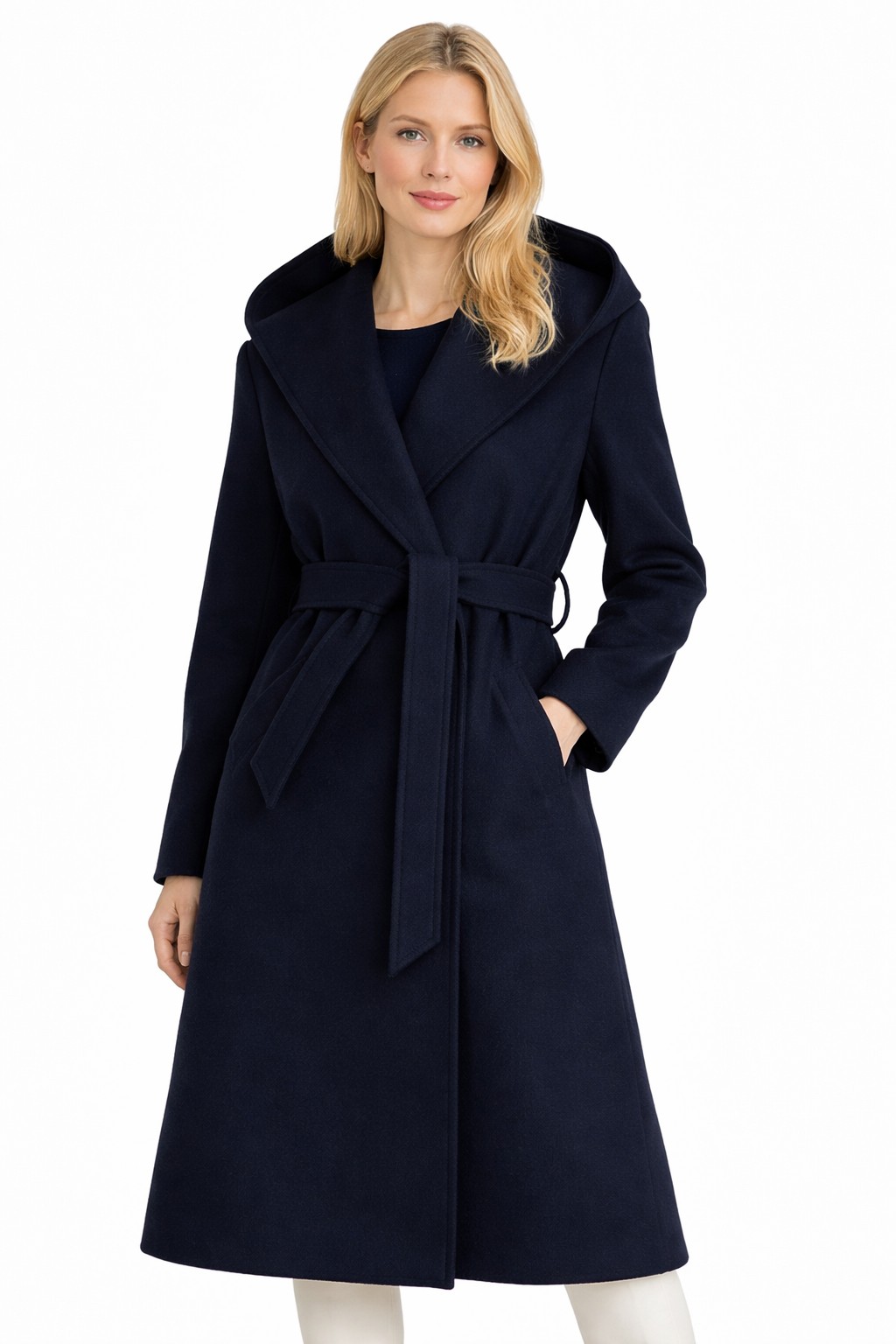 Palton damă BeYou bleumarin cu glugă, lână 100% – față Palton damă bleumarin BeYou din stofă de lână 100%, cu glugă și cordon în talie, vedere din față