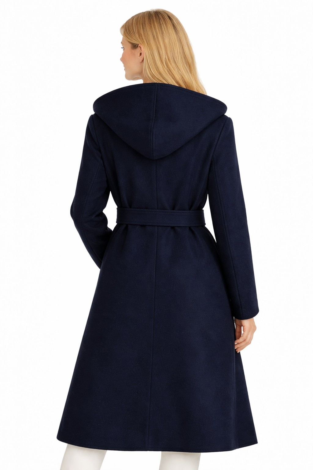 Palton damă bleumarin BeYou din lână 100%, cu glugă, vedere din spate