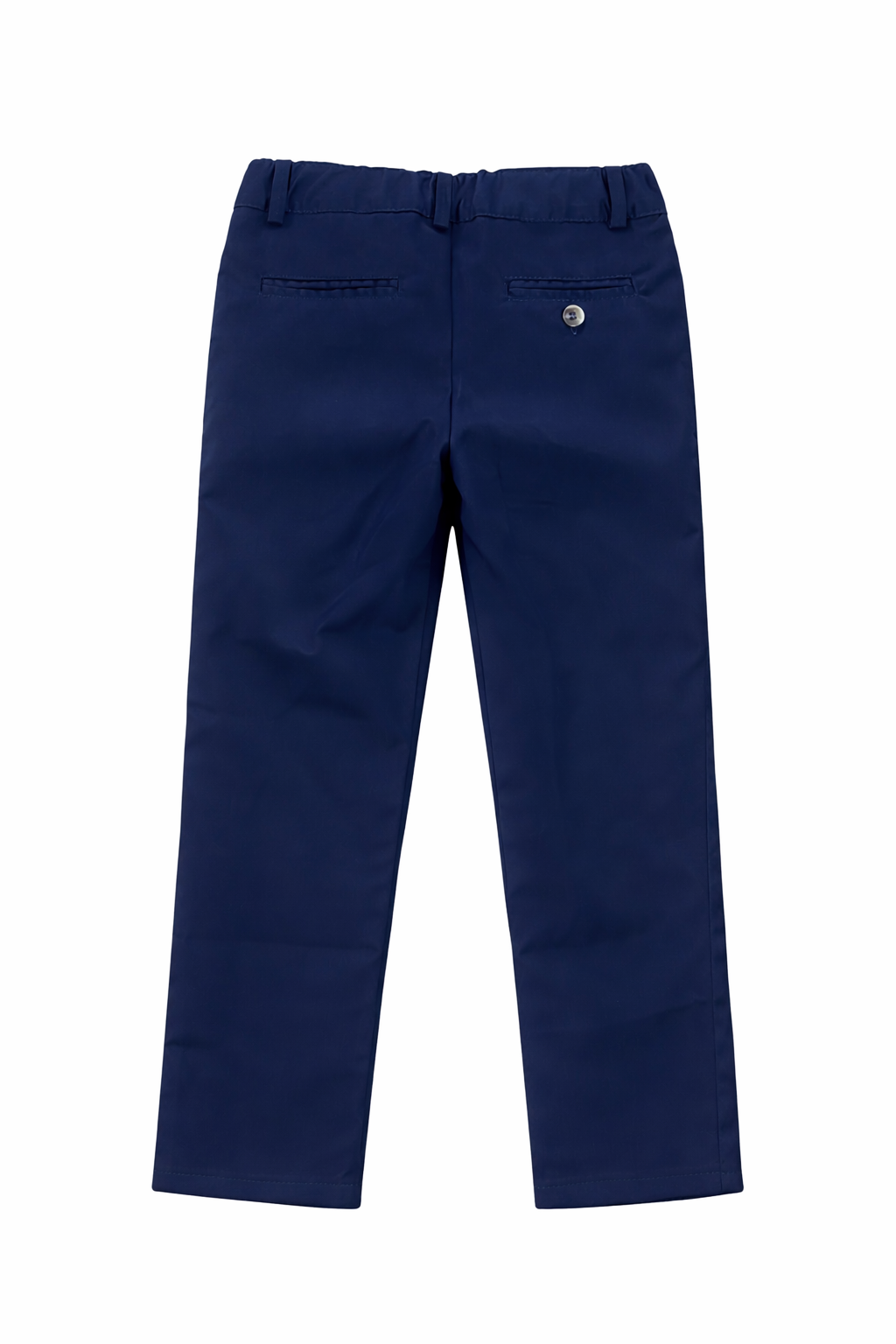 Pantaloni de școală pentru băieți bleumarin, vedere spate, buzunare la spate și croială clasică, uniformă Carol I Iași.