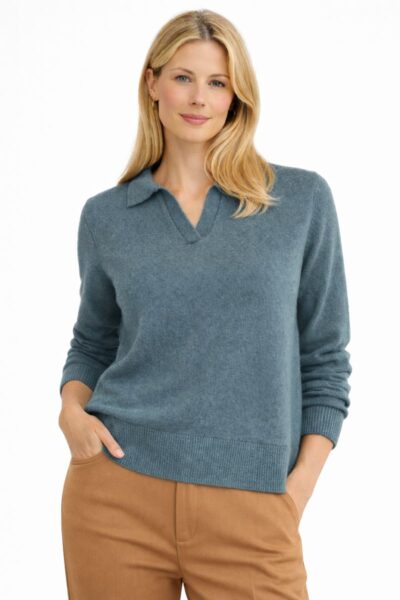 Pulover damă Be You cu guler polo din lână merinos, culoare aqua, vedere față