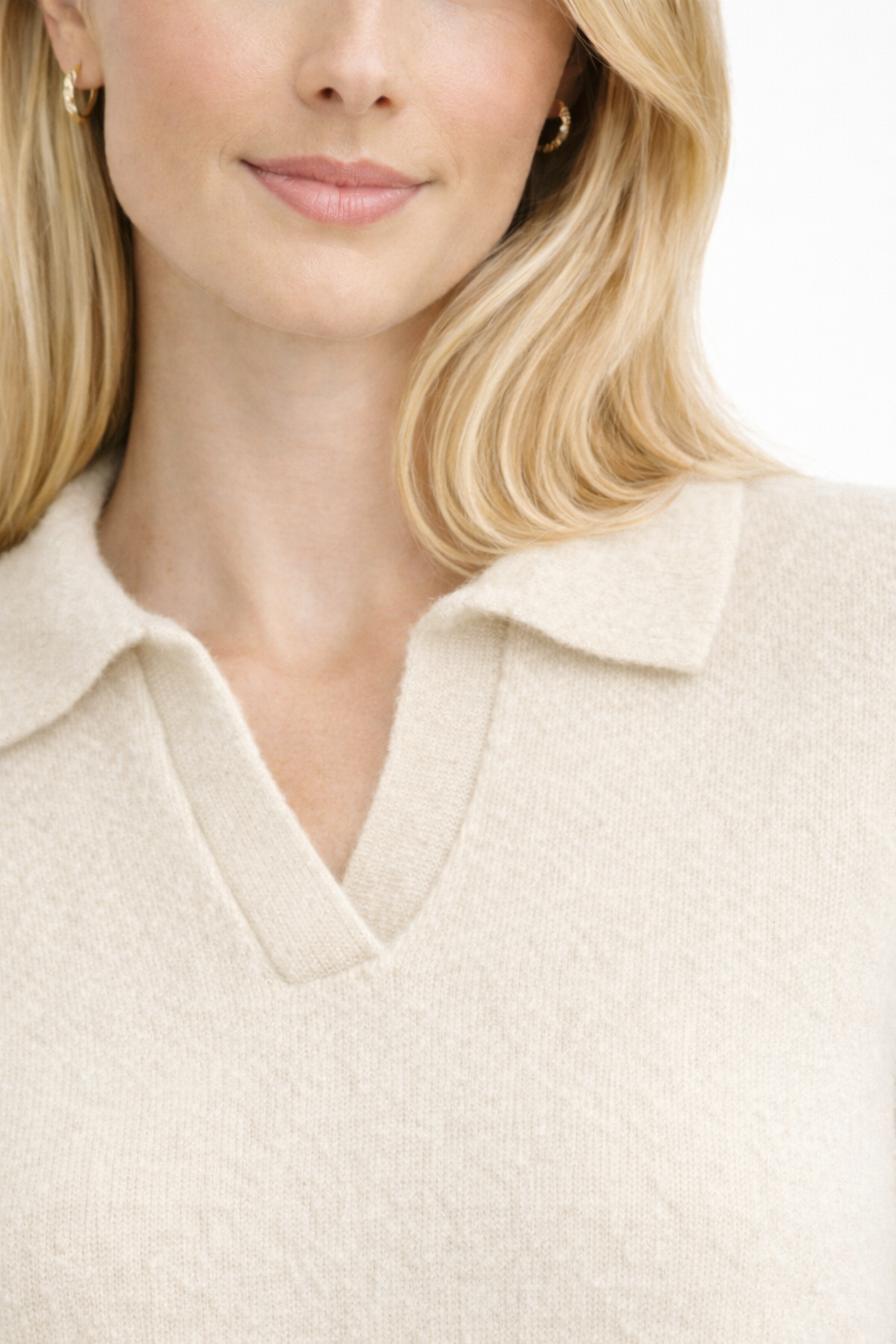 Detaliu material pulover damă Be You din lână merinos, culoare alb unt