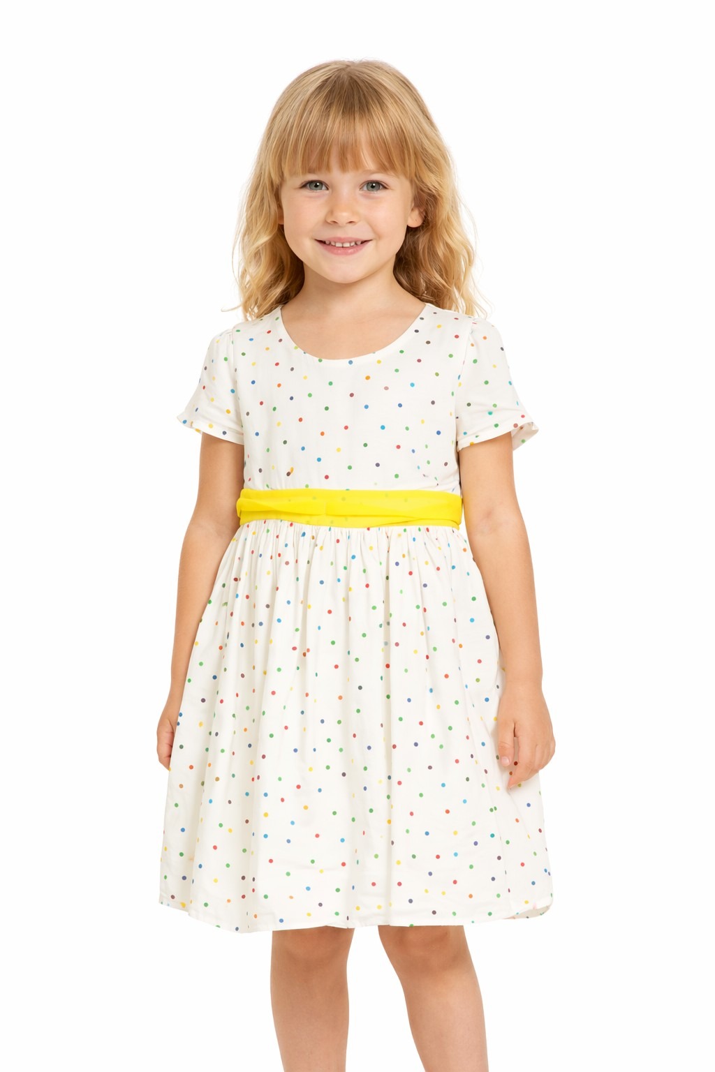 Rochie fete Be You alb cu buline colorate și cordon galben