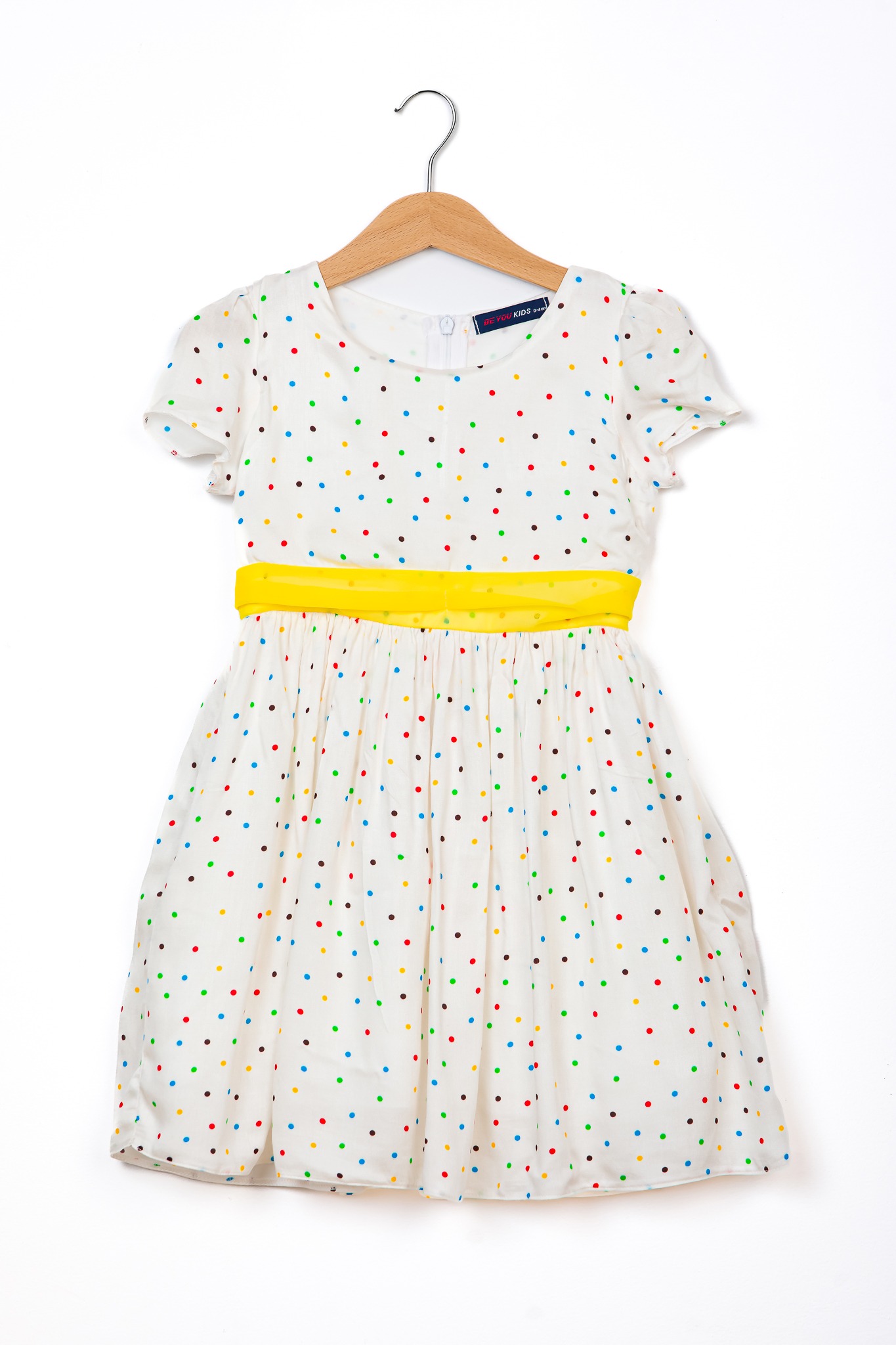 Rochie fete Be You alb cu buline colorate și cordon galben - imagine 3