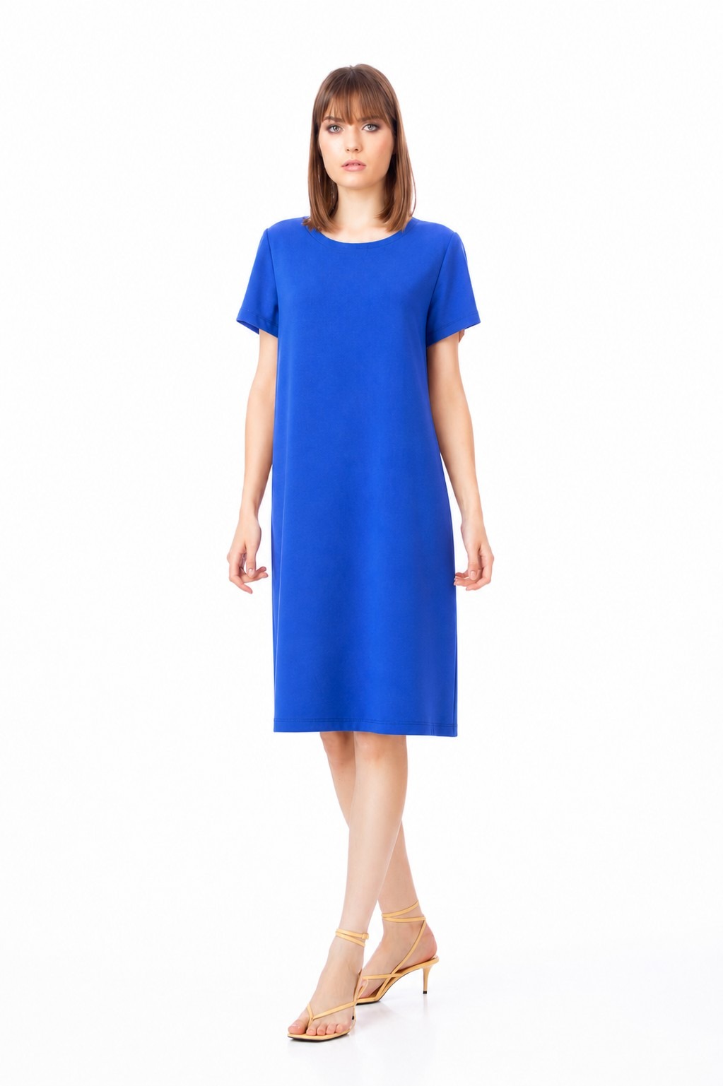 Rochie office albastru royal Be You, vedere laterală, cu croială dreaptă și mânecă scurtă