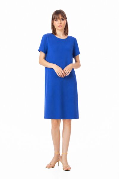 Rochie office albastru royal pentru femei cu croială dreaptă, mânecă scurtă și nasturi perlă la spate, Be You, fabricată în România