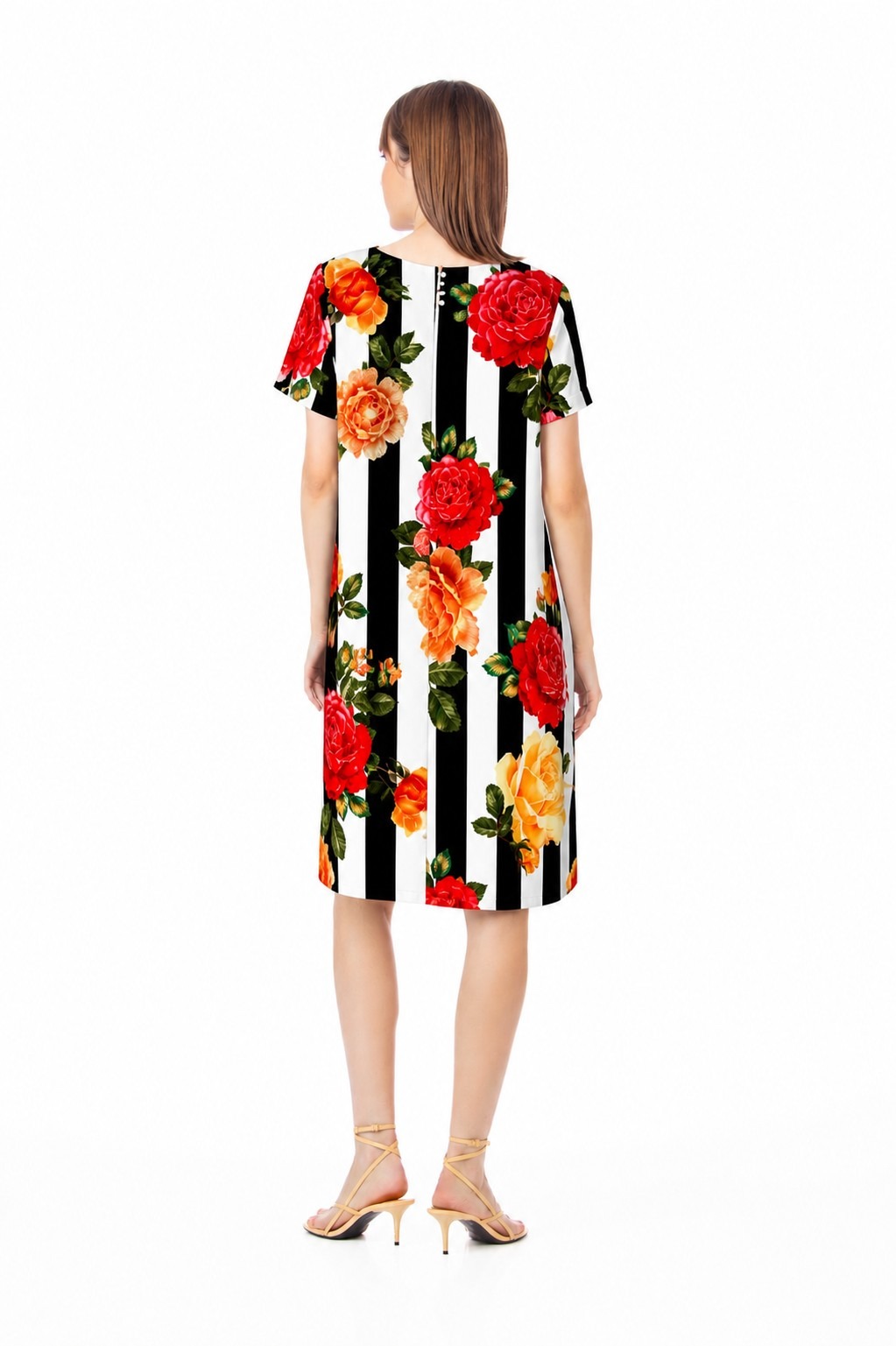 Rochie Be You cu imprimeu floral și dungi alb-negru – fabricată în România - imagine 3