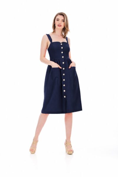 Rochie bleumarin pentru femei din in 100%, cu bretele, buzunare laterale și nasturi, Be You, fabricată în România