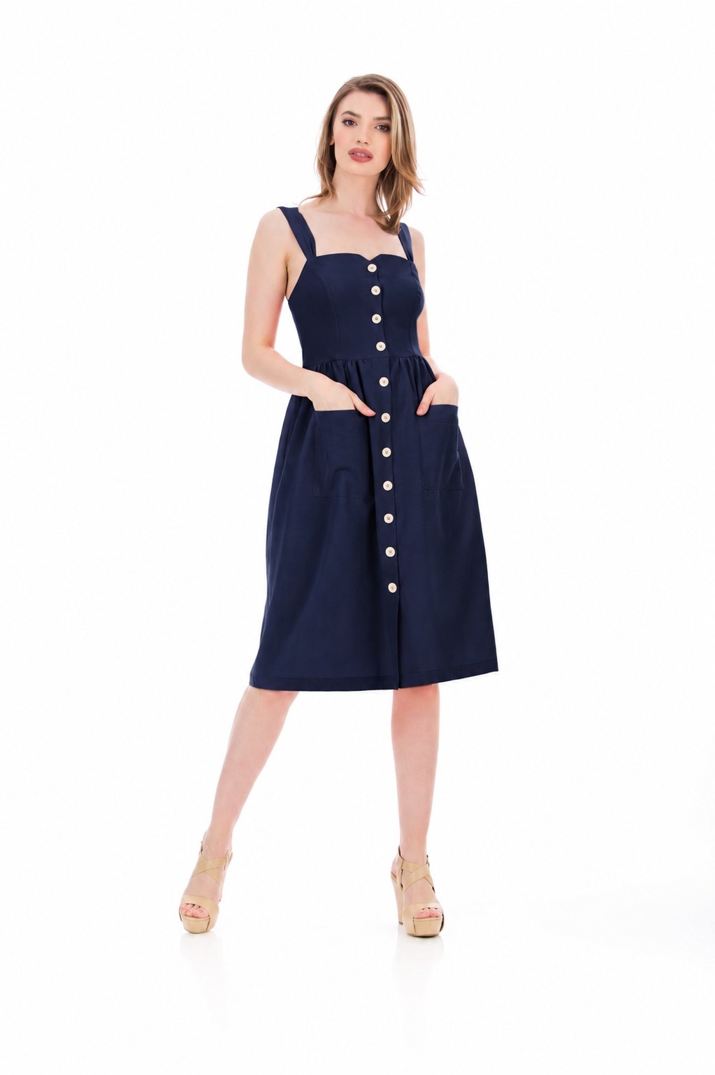 Rochie bleumarin pentru femei din in 100%, cu bretele, buzunare laterale și nasturi, Be You, fabricată în România