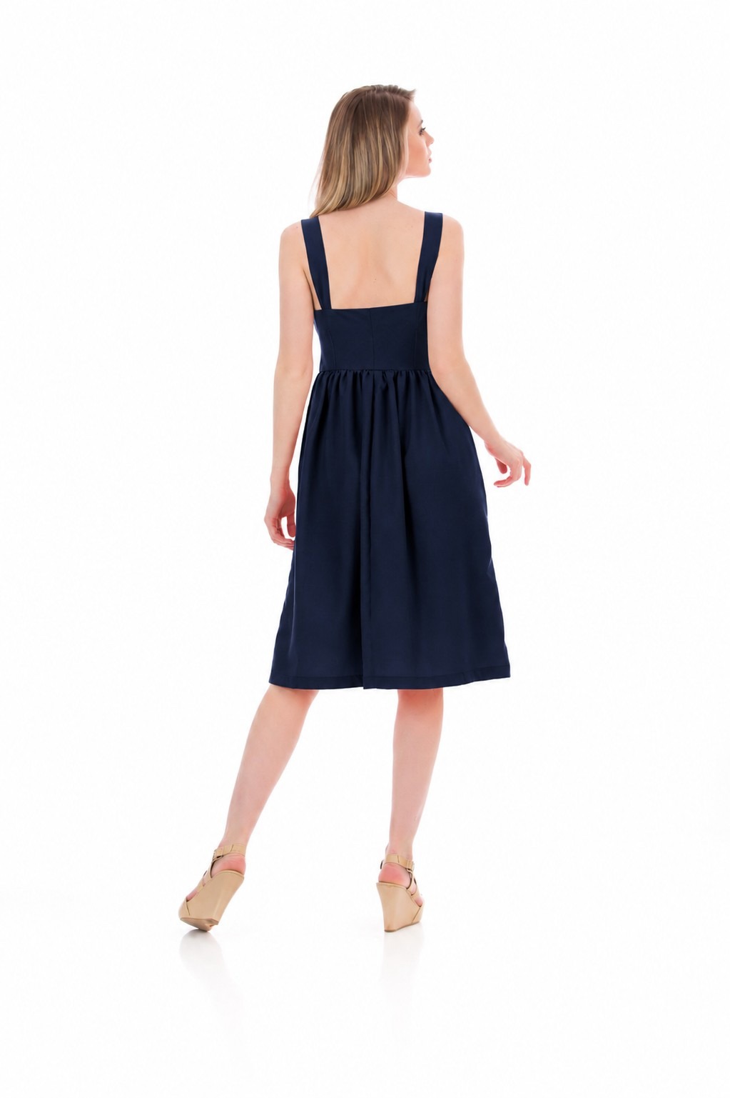 Rochie bleumarin din in 100% pentru femei, vedere din spate, fabricată în România