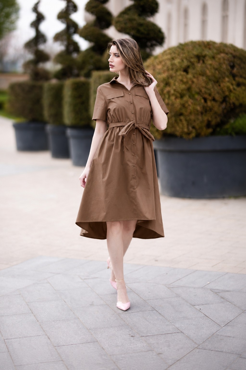 Rochie cămașă bej cappuccino Be You din bumbac cu cordon în talie – fabricată în România
