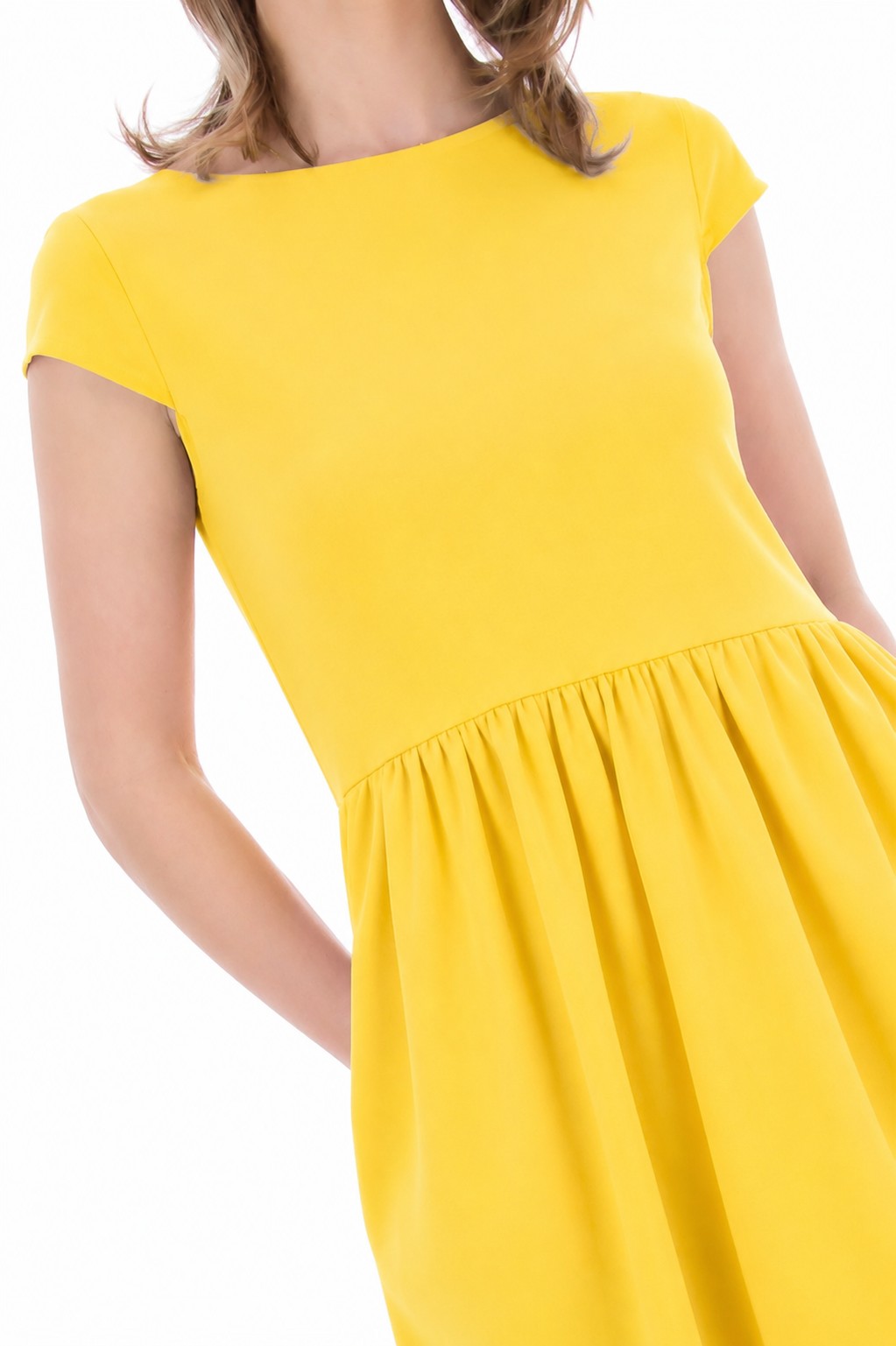 Rochie galbenă din vâscoză Be You cu mânecă scurtă și buzunare – fabricată în România - imagine 3
