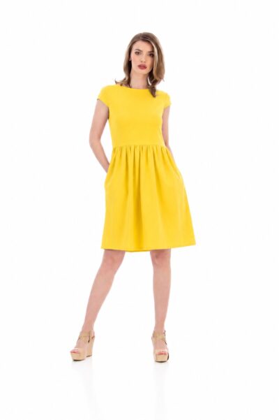 Rochie galbenă din vâscoză Be You cu mânecă scurtă și buzunare – fabricată în România