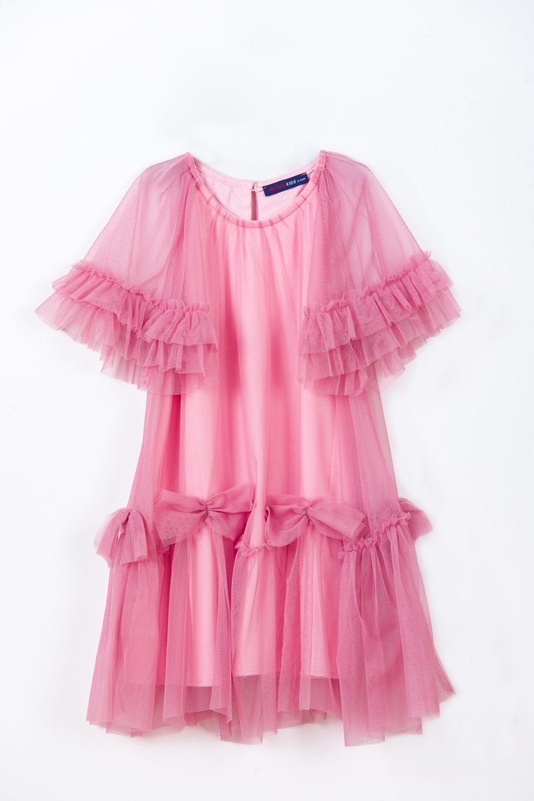 Rochie roz pal pentru fetițe Be You cu volane și fundițe din tulle – fabricată în România - imagine 4