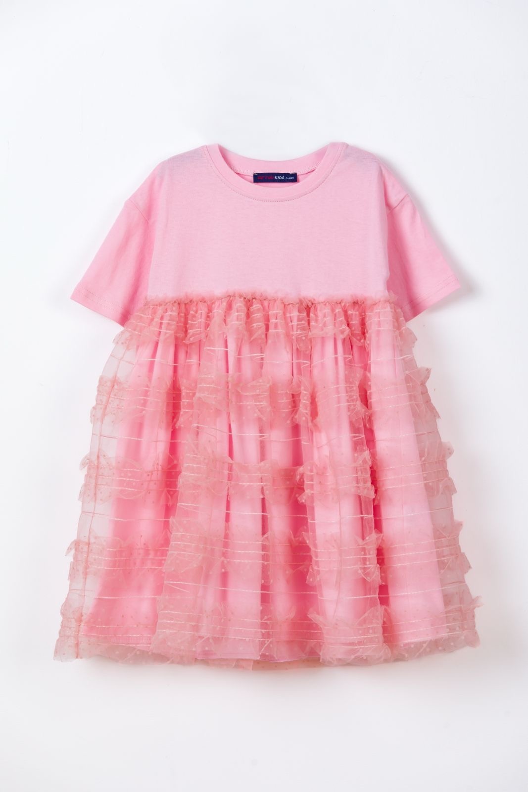 Rochie roz pentru fetițe Be You cu top din bumbac și volane din tulle, fabricată în România