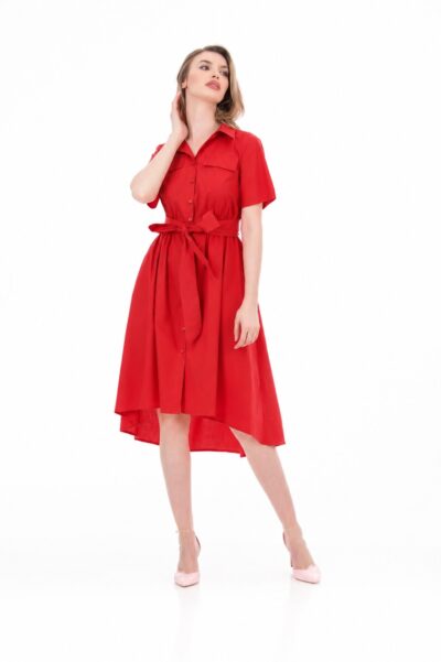 Rochie cămașă roșu corai Be You din bumbac cu cordon în talie – fabricată în România