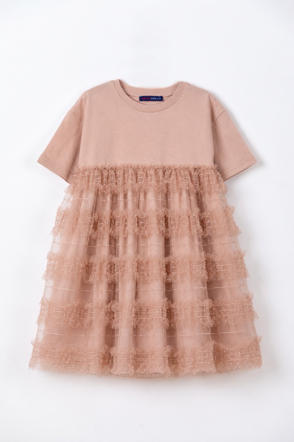 Rochie bej cappuccino pentru fetițe Be You cu top din bumbac și volane din tulle, fabricată în România