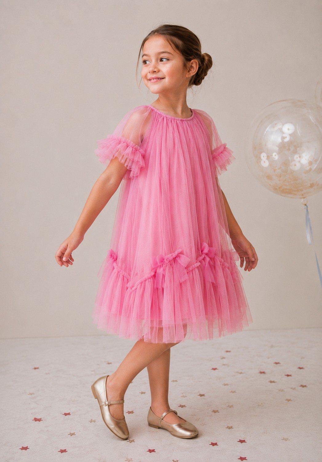 Rochie roz pal pentru fetițe Be You cu volane și fundițe din tulle – fabricată în România
