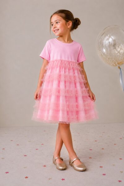 Fetiță purtând rochie roz Be You cu top din bumbac și volane din tulle, fabricată în România