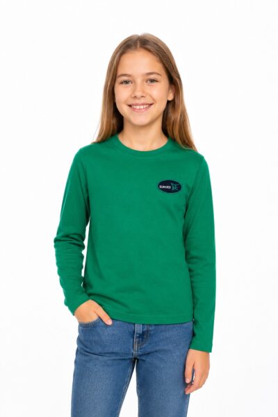 Tricou verde cu mânecă lungă și blazon Școala EuroEd – uniformă originală pentru ciclul primar