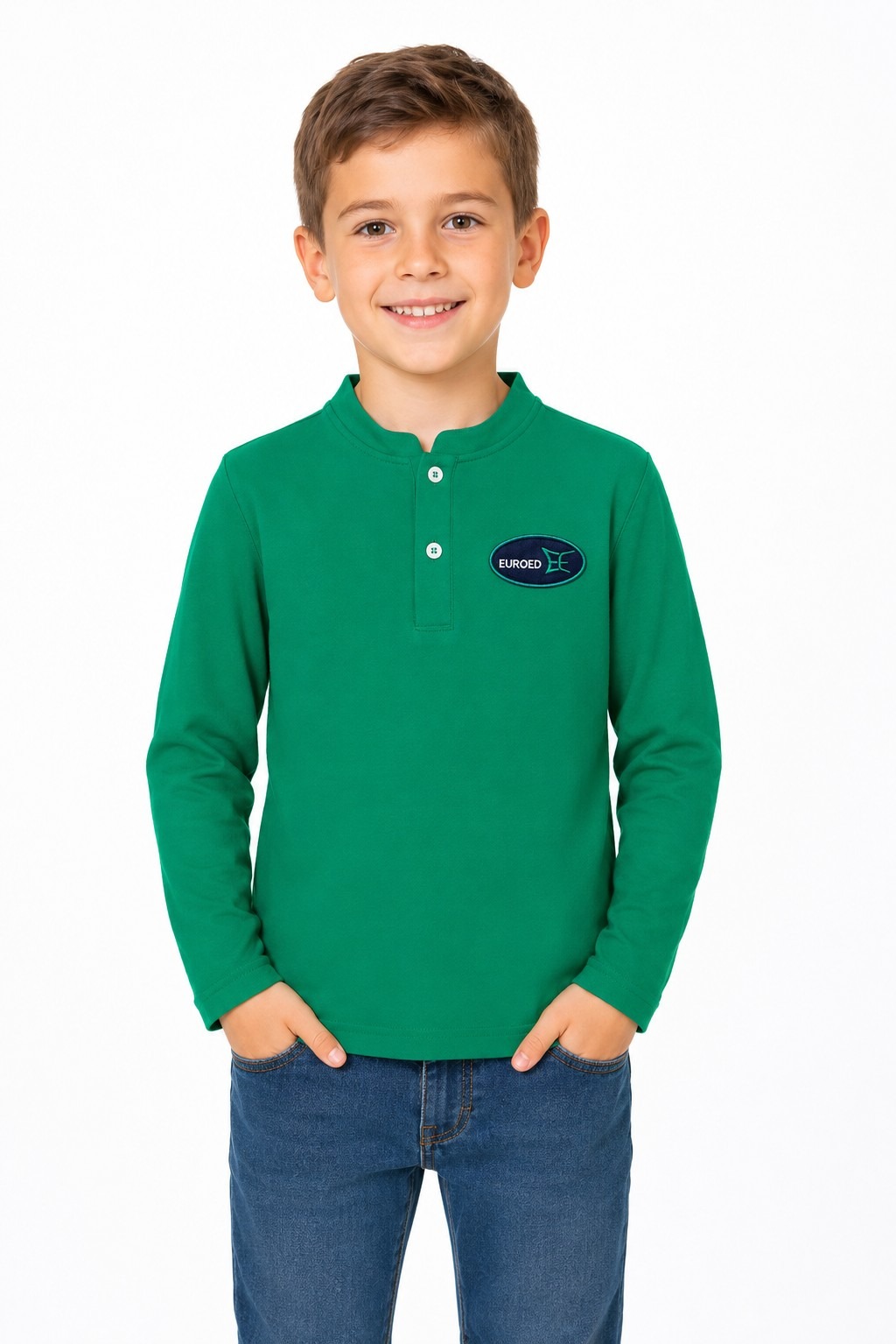 Tricou polo verde unisex cu guler tunică și blazonul Școlii EuroEd, uniformă originală Be You, fabricat în România
